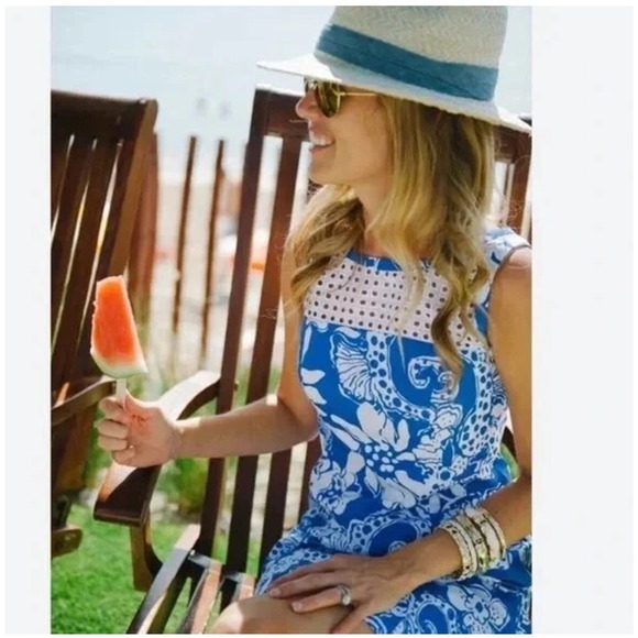 Lilly Pulitzer Marianne Shift Dress Blue & White Seahorse & Floral Eyelet Lace 2 - Picture 8 of 16